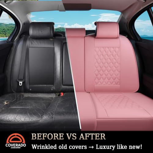 Image of Coverado Rear Seat Covers, Stylish Waterproof Faux Leather Rear Protectors for Sedan SUV Truck, Luxury Fashion Interior - Pink