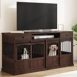 Homiflex 70.86' Double Dog Crate Furniture with Storage for 2 Medium Large Dogs Farmhouse Wooden Dog Kennel Furniture with 2 Sliding Doors Divider & Power Outlets Decorative Dog Cage TV Stand, Brown