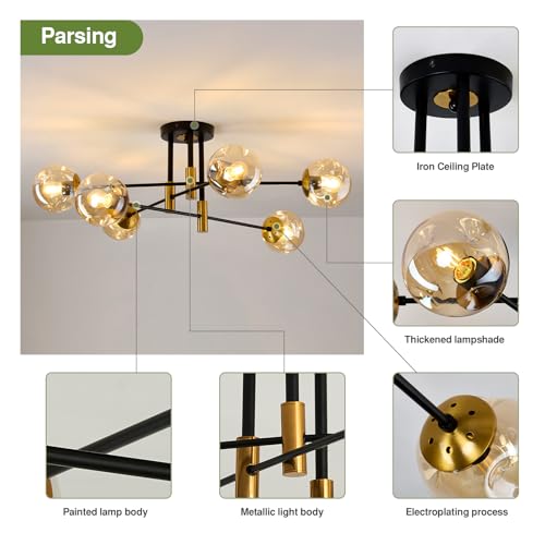 Image of 6-Lights Sputnik Ceiling Light Fixture Mid Century Modern Glass Globe Flush Mount Chandelier Black and Gold Farmhouse Lighting for Living Room Dining Room Bedroom Kitchen