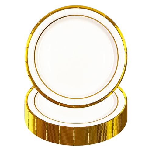 HiEnjoin Lot de 50 assiettes en carton jetables blanches, 23 cm avec feuille dorée - Assiettes en papier pour anniversaires, desserts jetables, jubilés,...