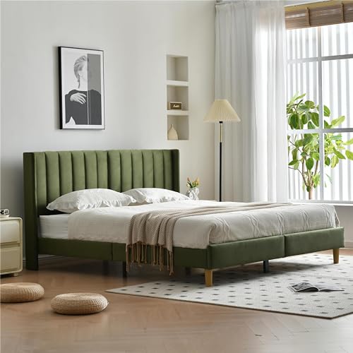 YUHUASHI upholstered Platform Bed Frame/King Bed Frame/Modern Geometric Double-Wing Design headboard/Velvet Fabric/Easy to Assemble no Noise (Grass Green King (U.S. Standard))