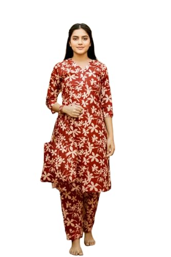 Image of Vlazom Women's 3-Piece Cotton Cord Set with Matching Bag | Floral Printed Co-Ord Set with Kurta Top & Pants | Ethnic Cotton Coord for Women