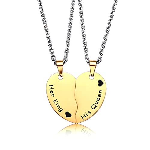 Memediy 2Pcs Gold Tone Stainless Steel Pendant Necklace Heart Couple ,Come With 2 Chains - Customized Engraving #TOP30