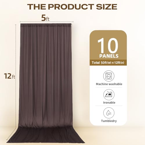 Image of 50ftx12ft Brown Backdrop Curtains for Parties, Wrinkle Free Polyester Brown Photo Backdrop Drapes 10 Panels 12 ft Long Back Drop Cloth for Wedding Birthday Photography Background Party