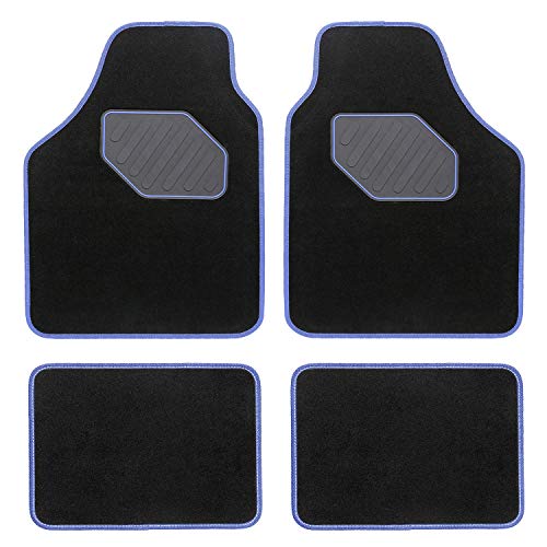 Matdology 4-Piece Luxe Carpet Car Floor Mats with Heel Pad, Heavy Duty Vehicle Interior Floor Mats Universal Fit All Weather Protection (Black and Blue)