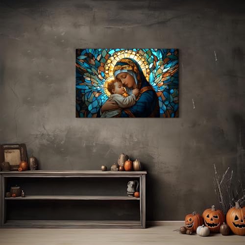 Image of Christian Wall Art Religious Wall Decor Mother Mary Hold Child Jesus Canvas Picture Abstract Mosaic Paintings for Prayer Bedroom 16x24 inch Bible Spiritual Healing Poster Print for Church Decorations