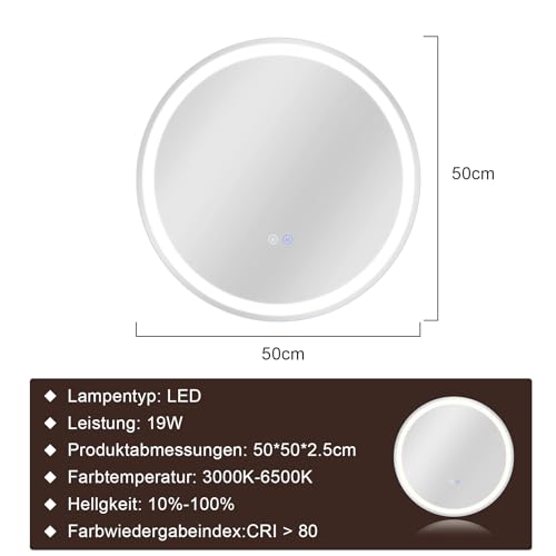 Mursche Rund Badspiegel Mit Beleuchtung - LED Bad Wand Spiegel Badezimmer Wandspiegel Mit Licht, IP44 50 cm Runder Badezimmerspiegel Bathroom Mirror Mit Beleuchtet und Entfogger-Funktion 5