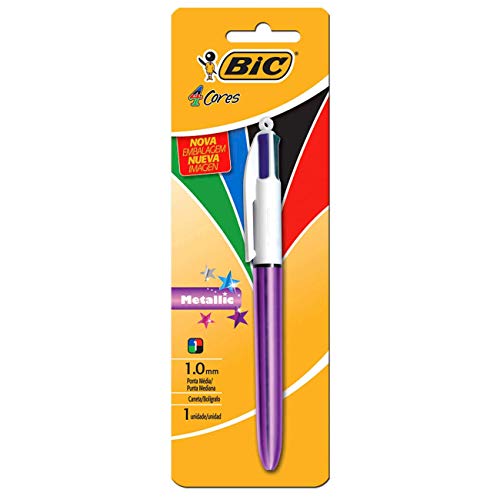 Caneta Bic 4 Cores – Ponta Esferográfica Retrátil Média de 1.0mm – Corpo Roxo Metálico, Pacote com 1
