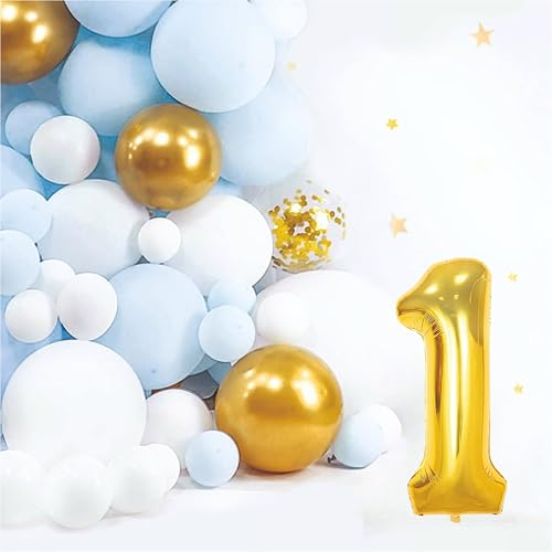 Image of Baby Boy 1st Happy Birthday Balloons Decoration Kit - 72 Pcs Blue, White, Golden Chrome Balloon with Happy Birthday Paper Banner | Birthday Party Decoration Set for Celebrations for Kids