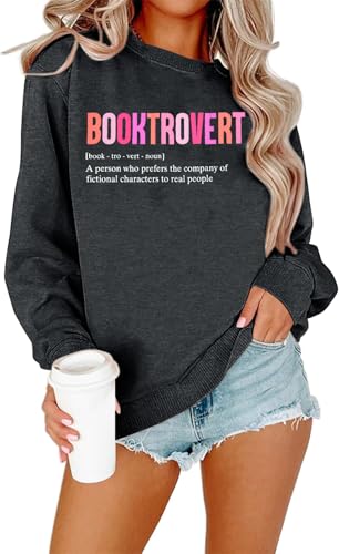 BENGELY Book Sweatshirt Women Funny Reading Booktrovert Wildflowers Graphic Book Lovers Shirt Casual Long Sleeve Tops Grey