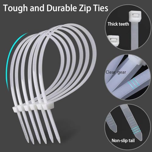 أربطة كيبلات وأربطة أسلاك نايلون ذاتية الغلق للاستخدام الخارجي بقوة شد 55 كجم، طول 37 سم، 20 قطعة، أبيض