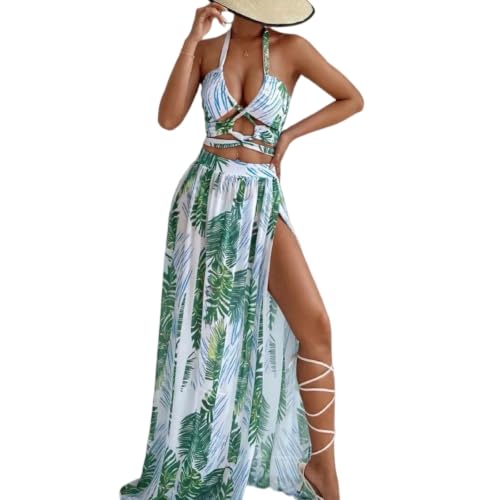 Bikini femmes set trois pièces vert maillot de bain avec jupe longue de plage été S