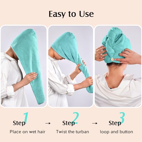 Image of YFONG 2 Pack Microfiber Hair Towel Wrap for Women, Super Absorbent Quick Dry Hair Turban for All Hair Style Anti Frizz, Large Hair Drying Towel with Button
