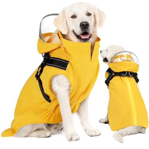 Lukovee Dog Raincoat - Waterproof Rain Jacket with Harness & Removable Hood, Reflective Double Layer Dog Rain Coat Poncho (Y,L)
