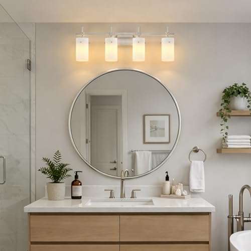 Image of SOLFART 4 Light Bathroom Vanity Lights Over Mirror, Vintage Bathroom Lighting Brushed Nickel Wall Sconce with Milky White Glass Shade