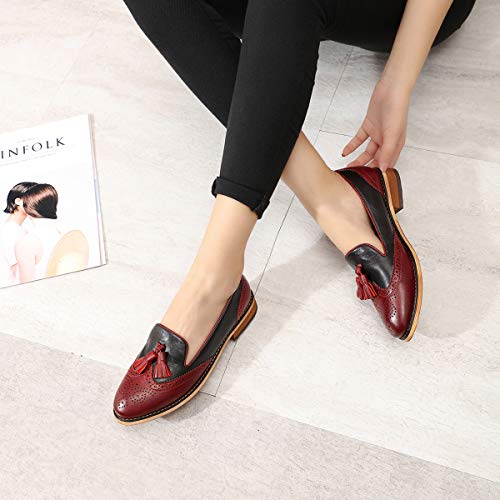 Image of Mona flying Women's Leather Tassel Loafers Slip on Brogue Flat Office Shoes