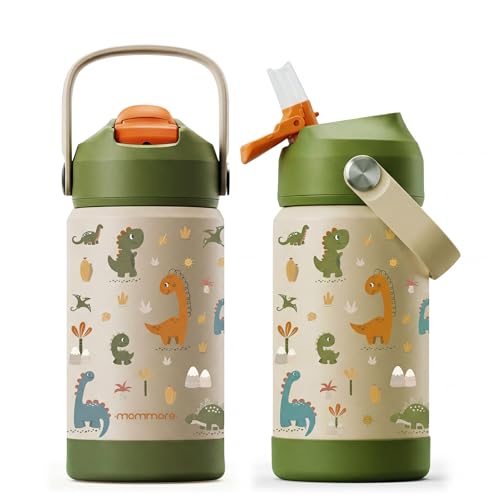 Mommore Kids Insulated Water Bottle with Soft Rubber Handle 12oz Stainless Steel Thermos with Straw Lid Leak Proof Easy to Clean Design Vacuum Small Canteen for School gBoys Girls Dinosaur-1 Pc