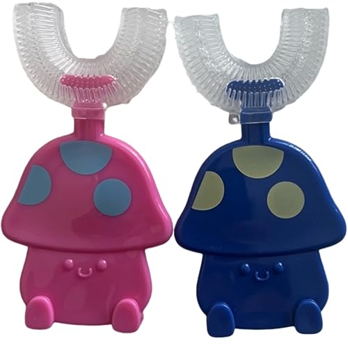 All in One U-Shapped 360 Toothbrush, Toddler with Food Grade Soft Silicone Brush Head (Blue & Pink)
