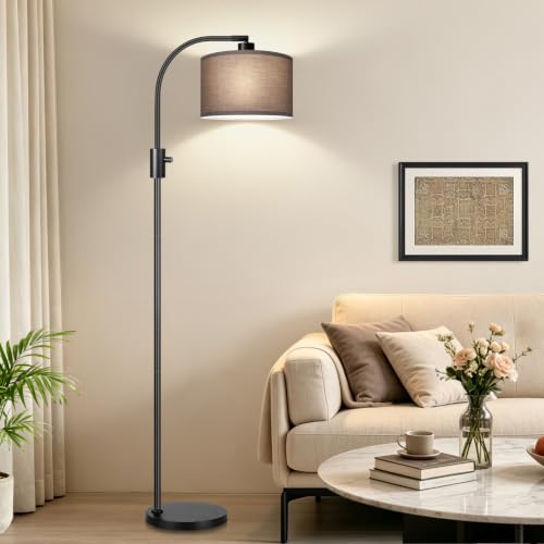 Image of Nintiue Dimmable Black Floor Lamp, 1200 Lumens LED Edison Bulb Included, Arc Gold Floor Lamps for Living Room Modern Standing Lamp with Khaki Shade