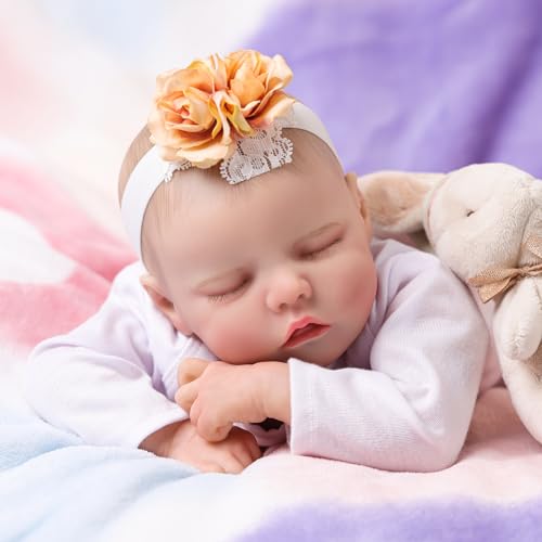 JIZHI Lifelike Reborn Baby Dolls Girl, 17 Inch Realistic Newborn Real Life Baby Girl Dolls Soft Vinyl and Cloth Body with Feeding Kit Gift Box for Kids Age 3+
