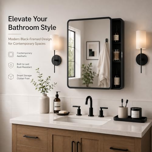 Image of 16x22 Medicine Cabinet with Mirror, Black Metal, Recessed or Surface Mount