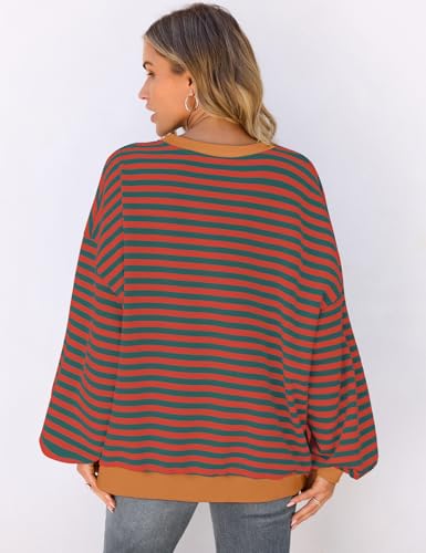 Image of UEU Women Oversized Striped Crewneck Sweatshirt Long Sleeve Color Block Pullover Tops Casual Loose Workout Shirt