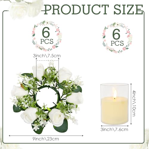 Acmee Pink Rose Candle Rings with Flameless Candles Sets - 12PCS Artificial Flower Eucalyptus Wedding Centerpiece 3 Inch Pillar Candleholders Wreaths for Wedding Party Decor (White - 6 Sets)