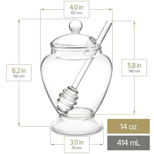 Teabloom Pure Bliss Honey Jar with Dipper and Lid - Hand-crafted with Highly Hygienic, Non-Porous Borosilicate Glass (14 oz)