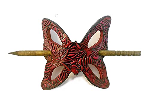 Made In Usa - 2 Genuine Thick Leather Tooled Leather Butterfly Hair Barrettes W Sticks, Bright Color Choice, Ponytail Holders, Floral Design #TOP9