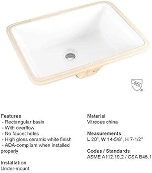 Fiore 2015, 20''x15'' Rectangle Undermount Bathroom Sink w