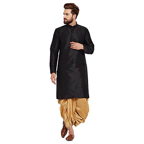 Image of SOJANYA (Since 1958 Men's Off-White and Gold Dupion Silk Dhoti Kurta Set
