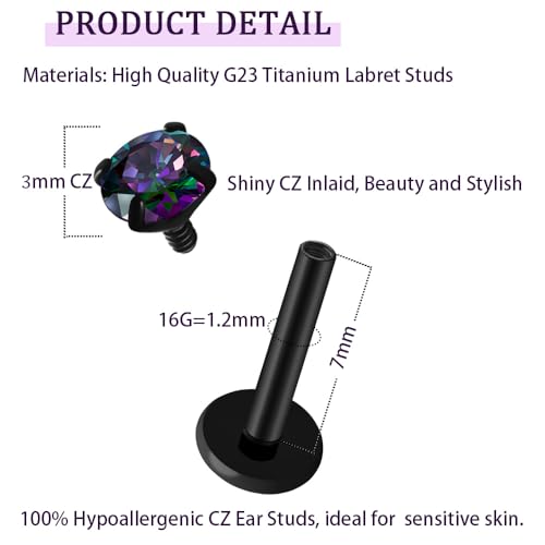 16G 18G Titanium Internal Thread CZ Stud Earrings Flat Back, Silver Black Tragus Helix Conch Cartilage Piercing Jewelry for Women Men 6mm 8mm 10mm Labret Studs 2PCS2