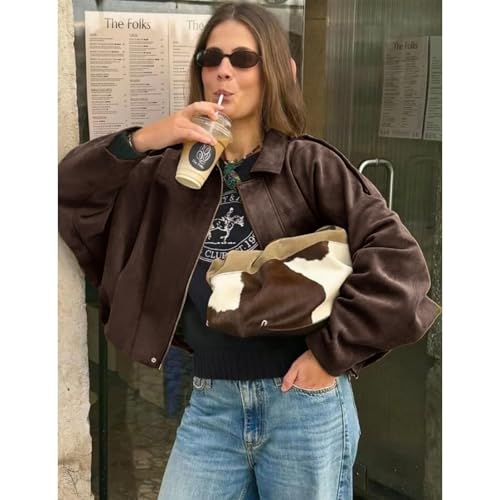 Women's Faux Suede Casual Lapel Pilot Pocket Coat,Trendy Streetwear Long Sleeves Y2k Motorcycle Outerwear2