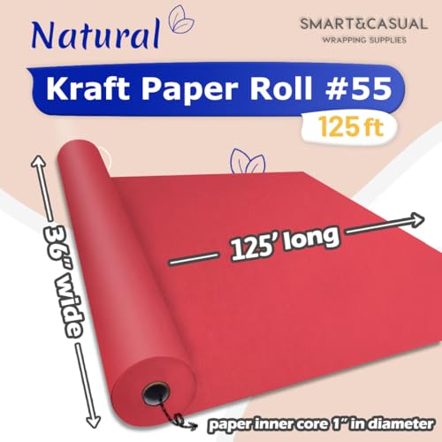 Image of SMART&CASUAL 36 inch x 1,500 inch (125') Red Kraft Craft Paper Roll for Gift Wrapping Bulletin Board Bouquet Flower Art Packing Parcel Table Covering 80GSM 55LB (Red, 36 inch x 125')