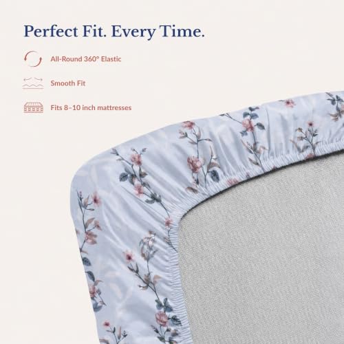 Image of Jaipur Weaves Fitted Bedsheet Queen Size 100% Pure Cotton Bed Sheet with 2 Pillow Covers, 240 TC Premium Bedding Set, 60x78 inches, Super Soft Cozy(Spring Tulips Blue)