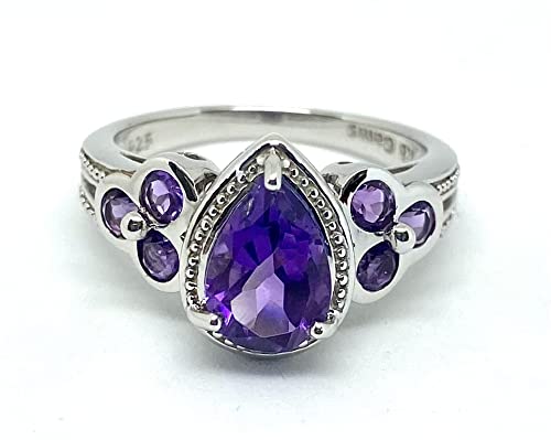 Rb Gems Sterling Silver 925 Ring Genuine Gems Pear Shape 9X6 With Bezel-Set Accented Gemstone, Rhodium-Plated Finish (7, Amethyst) #TOP1