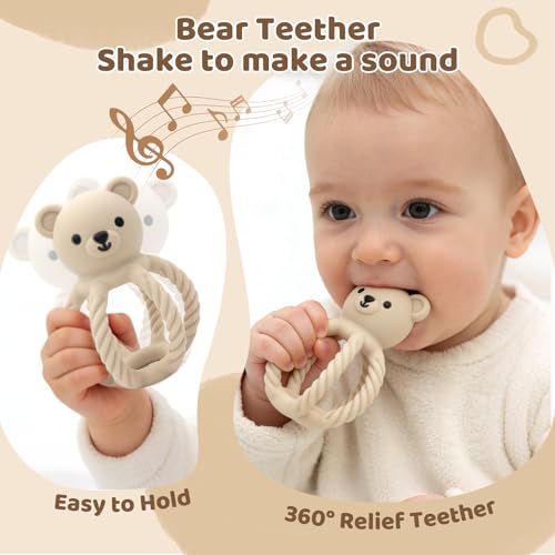 Image of 3Pcs Baby Silicone Teether Toy Set - Food-Grade Silicone Teething Relief Toys,Wooden Ring Teether Cute Bear Toy and Toy Straps for Babies 3-12 Months (Bright Beige)