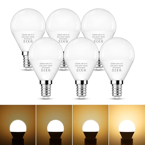 EvaStary Bombillas LED E14, 5W equivalente a 40W, 3000K Blanco Cálido, 500 lúmenes, G45 casquillo estándar, Regulable- 6 unidades