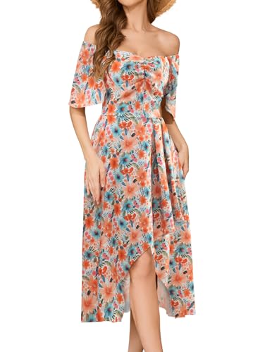 Image of Bridesmay Women's Floral Midi Dress Short Sleeve Summer Casual Dress Flowy Beach Wedding Guest Square Neck Sundress