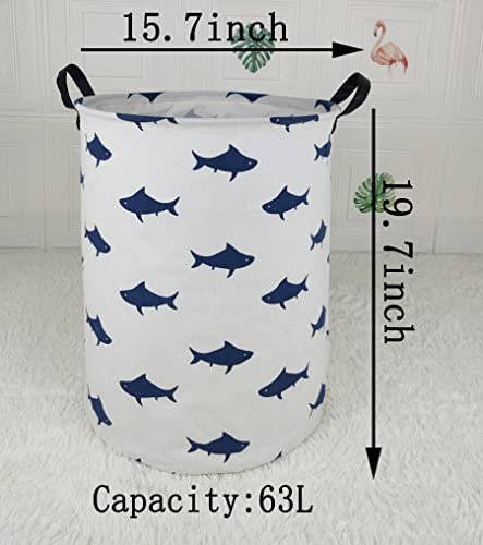 Image of Round Navy Shark Pattern Laundry Hamper Storage Basket Fabric Material Storage Hamper Organization Basket, Storage Bin, Gift Box with Handles for Room