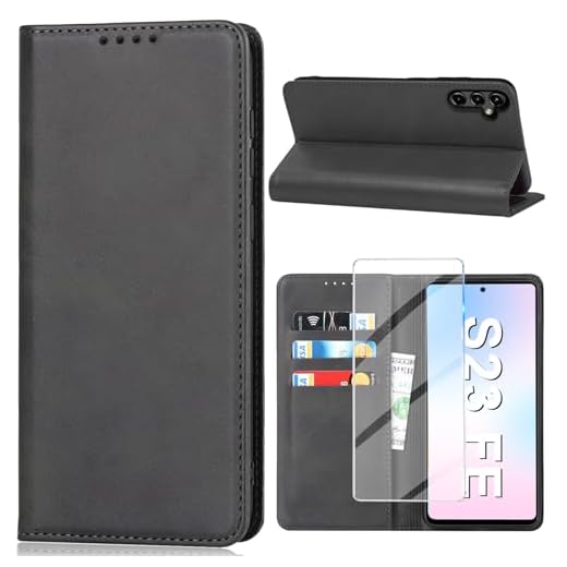 2023 Neu Handyhülle für Samsung Galaxy S23 FE 5G Hülle mit Schutzfolie, Schutzhülle Galaxy S23 FE PU Leder Wallet Kartenfach Ständer Klapphülle Lederhüllen Case für Samsung S23 FE Tache (Schwarz)