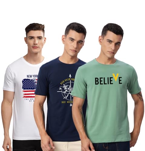 Image of ADRO 100% Cotton Lycra Tshirts for Men Combo Pack of 3 | Regular Fit | Printed T Shirt | Round Neck Half Sleeve| Mens Tshirts