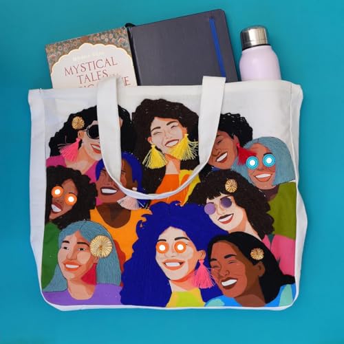 Image of picknMAKE DIY Embroidery Tote Bag for Women - Stylish & Aesthetic Office Bag | Customizable with Sequins, Crochet Rings, Gota Flowers & Tassels | 16 inch x 16 inch with Zipped Pocket All Materials Included