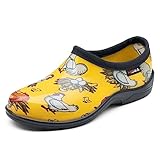 HISEA Waterproof Garden Shoe for Women Outdoor Slip-On Rain Footwear Rubber Rain Shoes Short Ankle Booties Garden Clogs with Comfort Insole, Size 8 Chicken Print Yellow