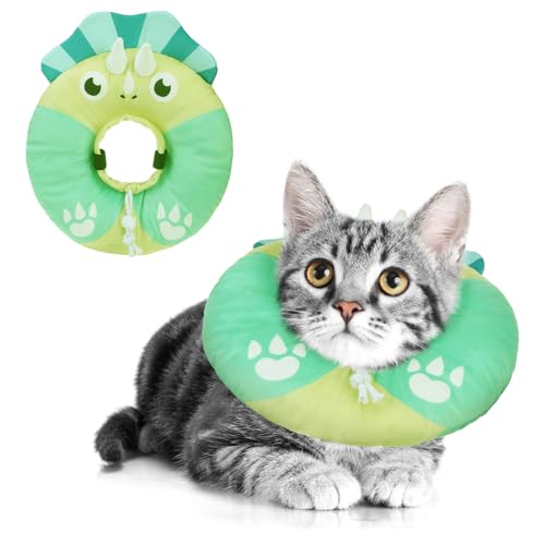 Image of BEAUTYZOO Cat Cone Collar Soft, Cat Donut Recovery Collar After Surgery to Stop Licking, Kitten E Collars Neck Pillow Cone, Adjustable Elizabeth Pet Collars for Puppy Small Dogs, Green Triceratops S