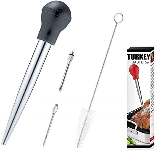 Turkey Baster ステンレススチール 肉用バスター注射器 シリコン電球付き マリネード針 クリーニングブラシ 料理 七面鳥 ビーフ 豚 魚 BBQ (ブラック)