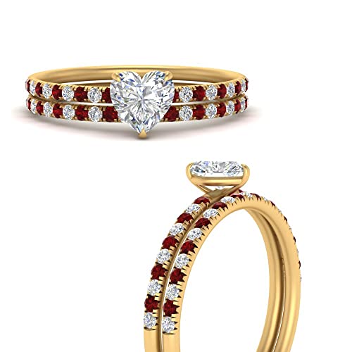 Image of Choose Your Gemstone Pave Petite Ring with Matching Wedding Band Yellow Gold Plated Heart Shape Wedding Ring Sets Minimal Modern Design Birthday Gift Wedding Gift US Size 4 to 12