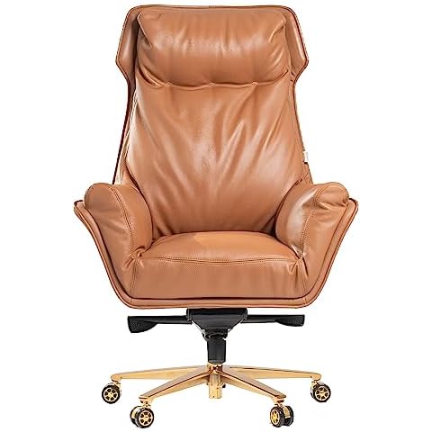 Kinnls Austin Genuine Leather Office Chair,Upholstered Executive Office Chair Modern Reclining High Back Desk Chair Comfortable Elegant Texture Desk Chair Tilt Angle(Khaki-Golden Base) Cover