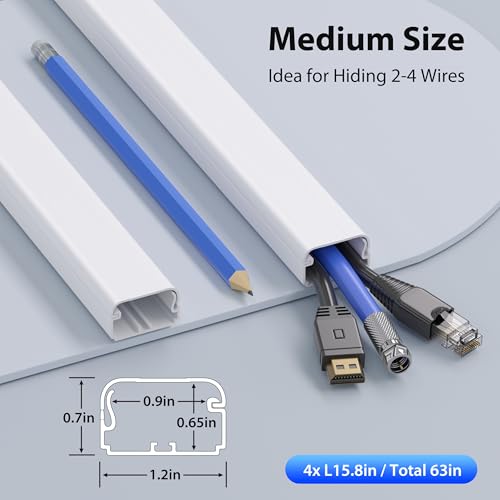 ZhiYo Large Capacity Wire Hiders for TV on Wall, 63in (4xL15.8in) PVC Cable Cover, Snap and Lock Design, White Cord Covers for Wires on Wall - Thumbnail 2