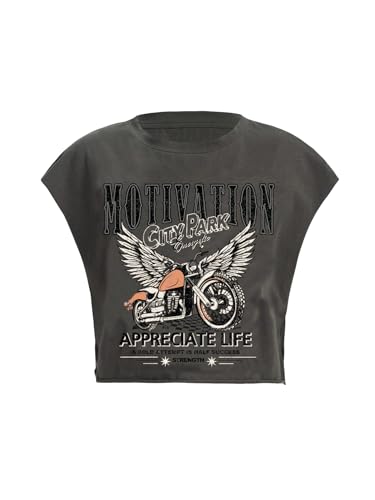 SOLY HUX Women's Y2k Vintage Graphic Short Sleeve Tee Tops Crew Neck Crop Tops for Summer Going Out T Shirts Grey Graphic Medium